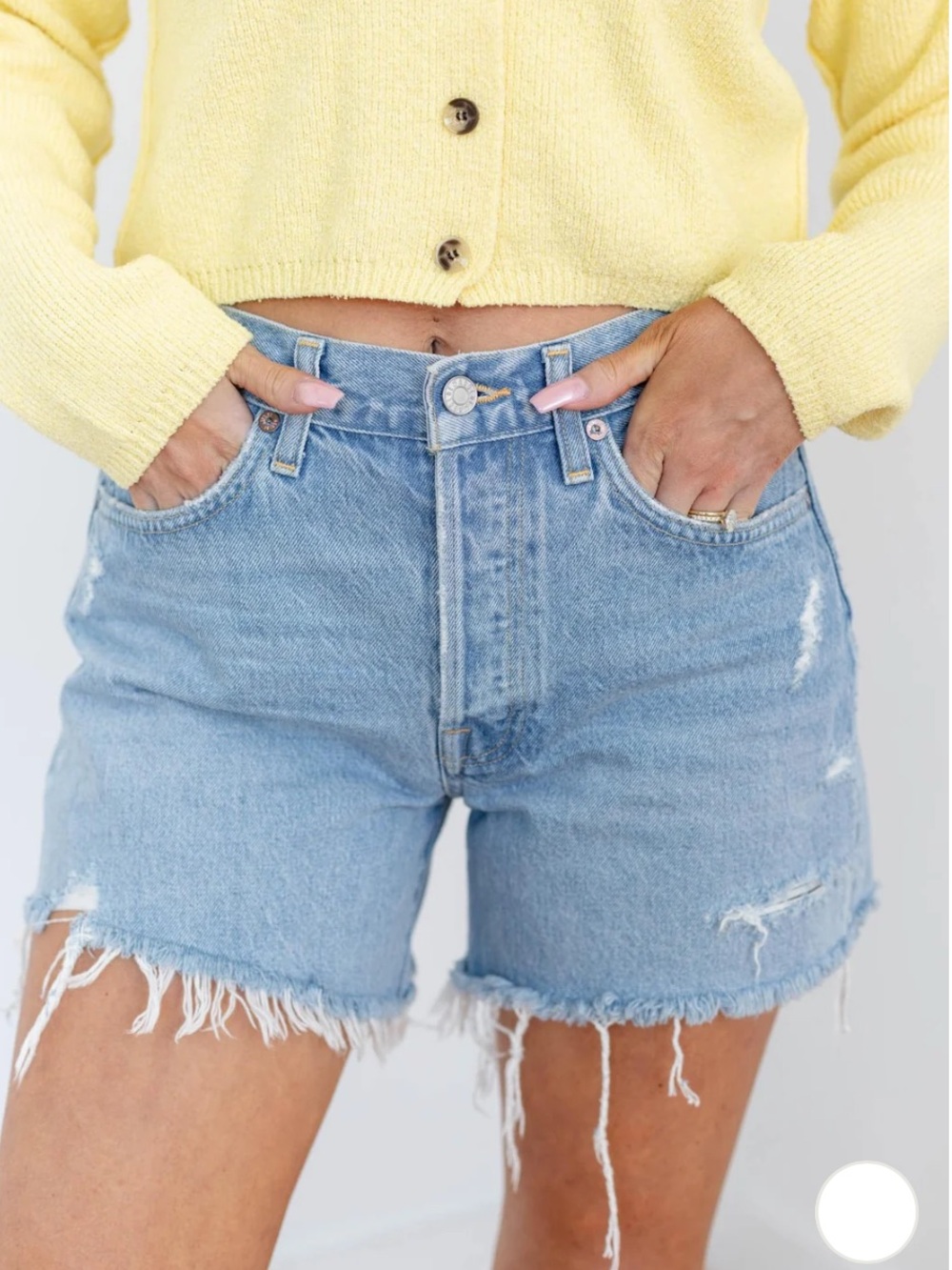AGOLDE Parker Long Shorts Women’s 25 Light Wash Distressed Raw Hem Button Fly